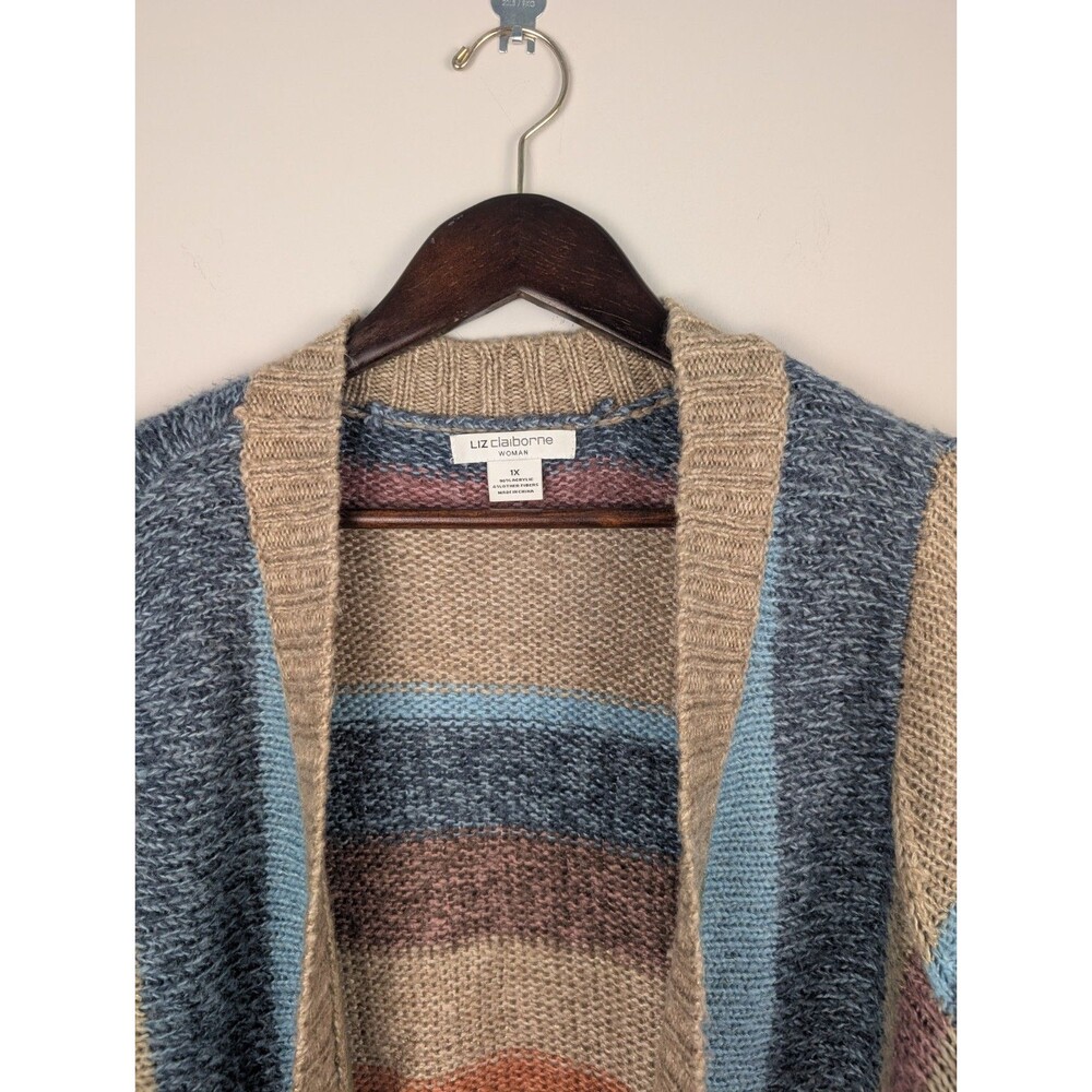 LIZ CLAIBORNE Acrylic Open Front Cardigan Sweater Size 1X Multicolor Stripes - Picture 2 of 10